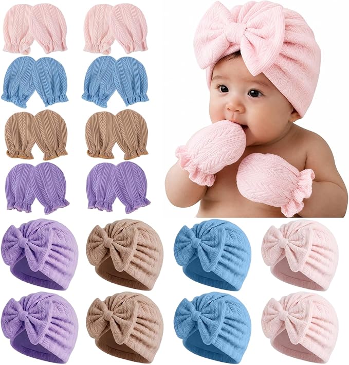 8 Sets Newborn Baby Girl Bow Hats and Mittens Turban Beanies 0-3M | Cotton by AHDSGJH