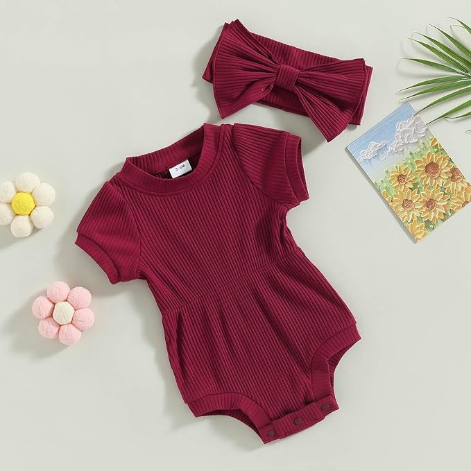 FOCUSNORM Baby Girl Summer Clothes Ribbed Short Sleeve Romper Solid Color - Image 3