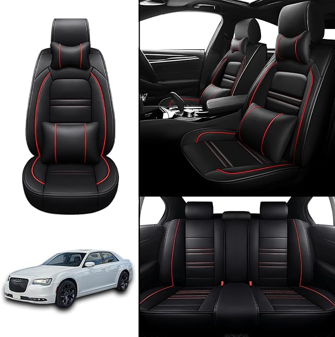 Car Seat Covers for Chrysler Car 300 2005-2023 | 5-Seats Seat Covers, Waterproof Seat Protectors, Automotive Seat Covers (Full Set with Pillow,Black&Red Line)