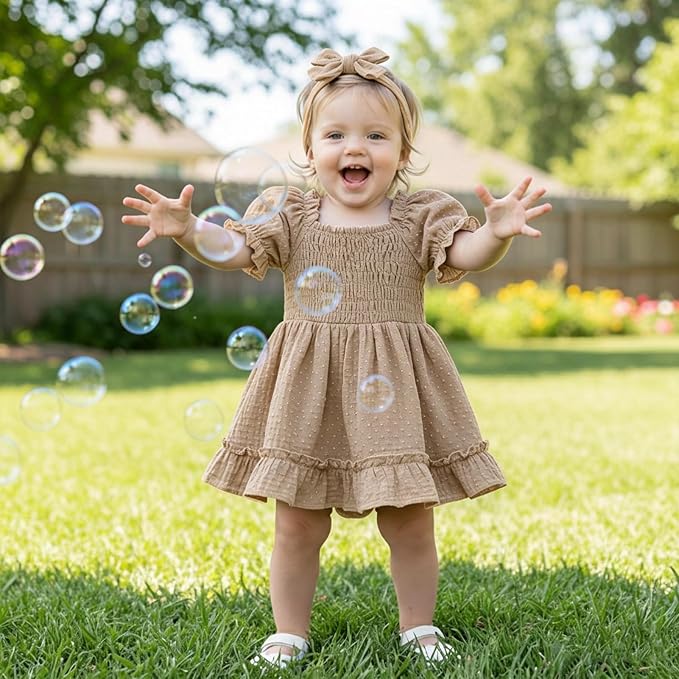 GRNSHTS Baby Girl Romper Dress, Puff Sleeve Smocked Outfit - Image 3
