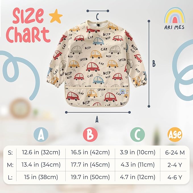 ARI MES Long Sleeves Waterproof Baby Bibs for Eating - Dinosaur, Medium- Wearable, Coverall for Toddler, Long Sleeve Bib, Smock Apron for Feeding - Applicable for 6-72 Months