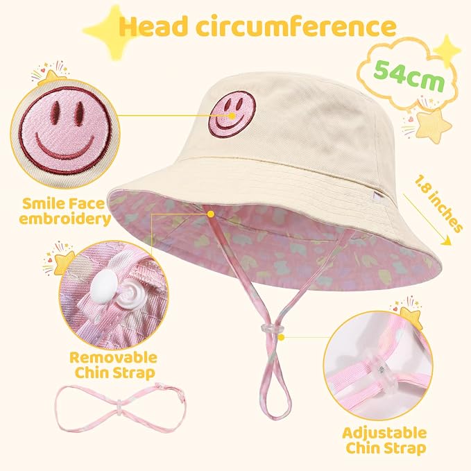 Toddler Hat Reversible Bucket Hat Happy Face Sun Hat Adjustable Chin Strap - Image 4