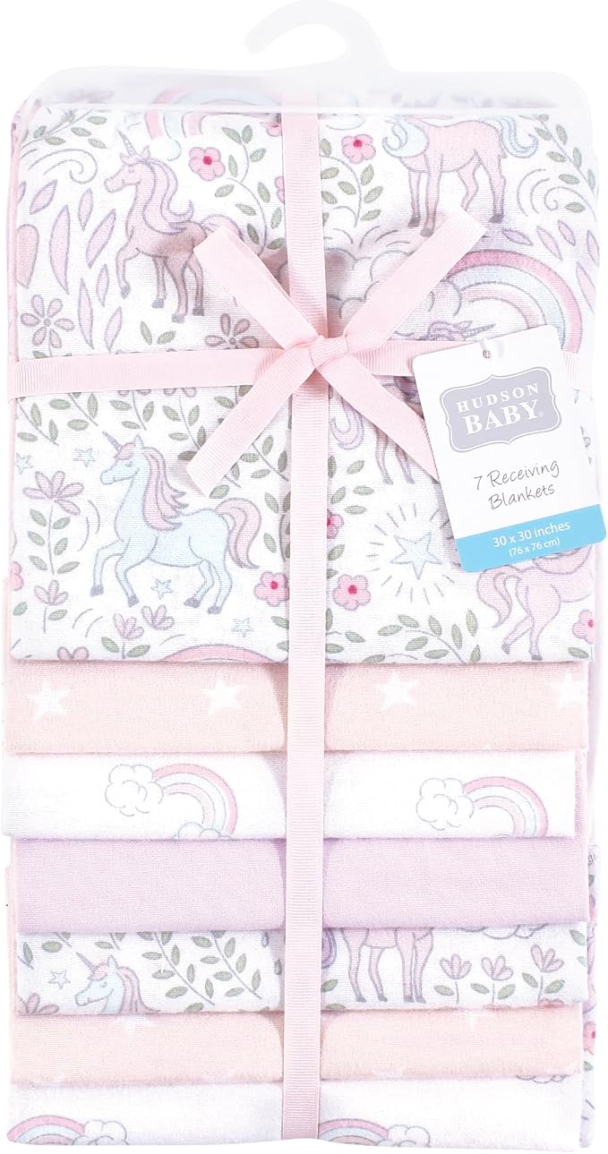 Hudson Baby Unisex Baby Cotton Flannel Receiving Blankets Bundle, Dreamy Unicorn - Image 2