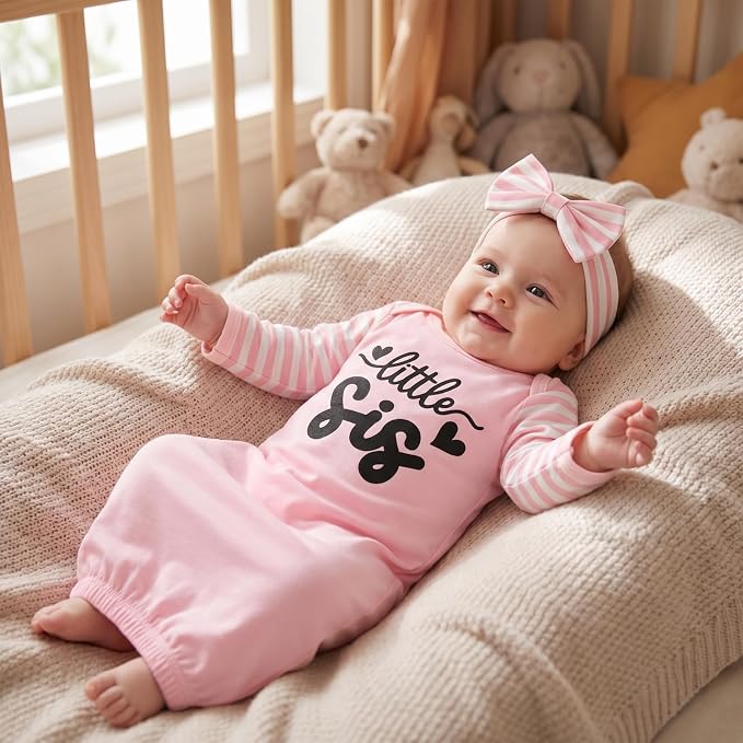 AMAWMW Newborn Baby Girl Little Sister Sleeper Gown Stripe Long Sleeve - Image 2