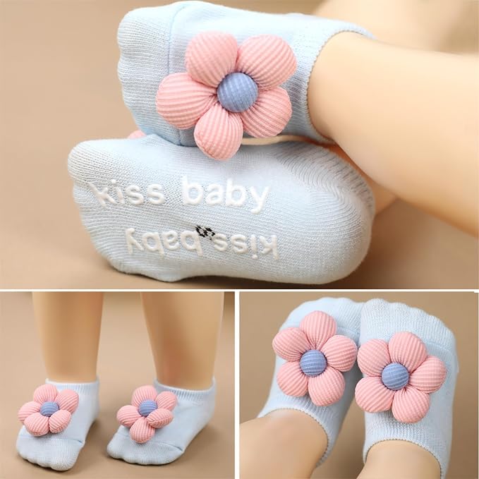 4Packs Baby Girls Socks, Flower Non-Slip Grips - Image 4