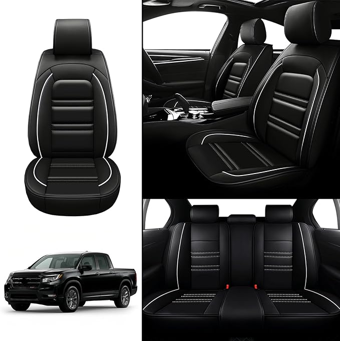 Seat Covers for Honda Ridgeline 2006-2025 | 5-Seats Leather Seat Covers, Easy to Install Automotive Seat Covers Full Set (Full Set, Black&White Line)