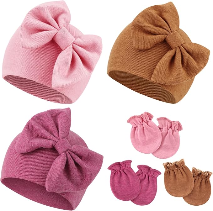 Newborn Baby Hats and Mittens Set Infant Bow Beanie Cap Toddler Gloves Newborn by AQOKKA