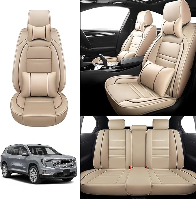 Car Seat Covers for gmc Acadia 2016-2025 | 5-Seats Seat Covers, Waterproof Seat Protectors, Automotive Seat Covers (Full Set with Pillow,Beige)