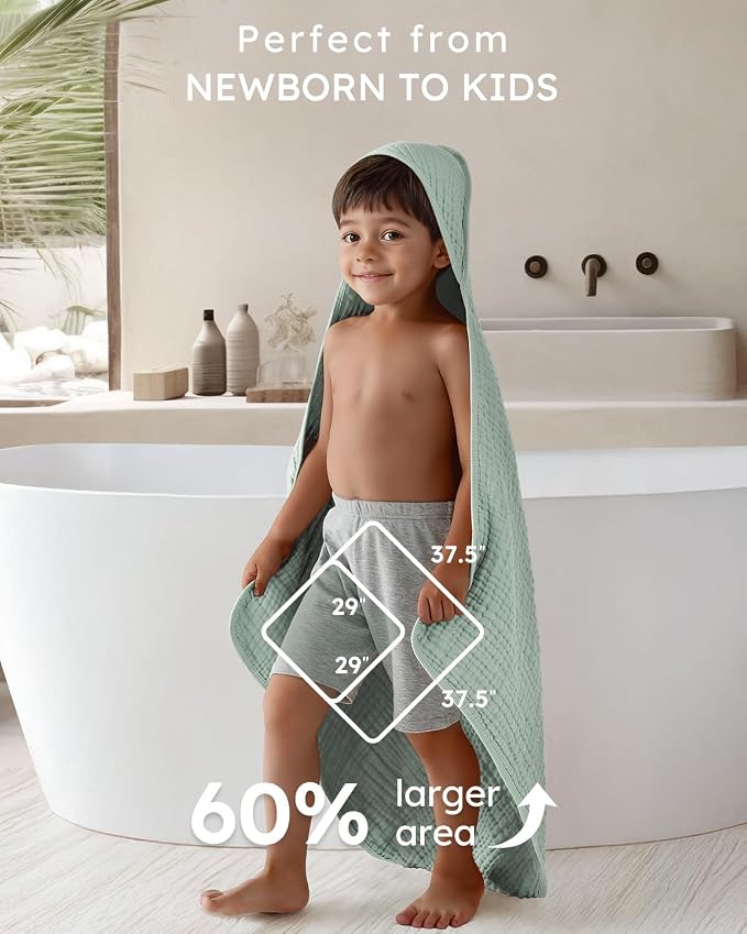 Yoofoss Hooded Baby Bath Towels 2 Pack 100% Muslin Organic Cotton - Image 4