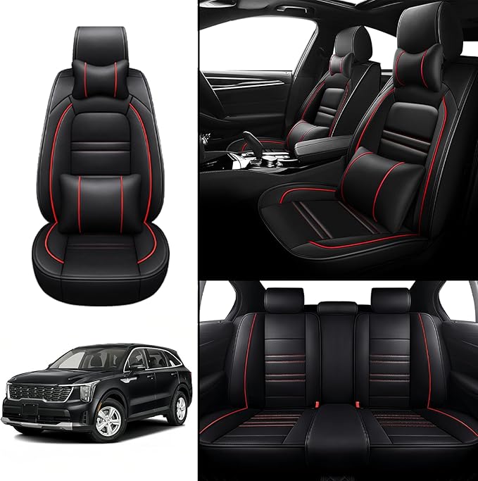 Car Seat Covers for kia Sorento 2003-2025 | 5-Seats Seat Covers, Waterproof Seat Protectors, Automotive Seat Covers (Full Set with Pillow,Black&Red Line)