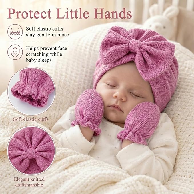 8 Sets Newborn Baby Girl Bow Hats and Mittens Turban Beanies 0-3M | Cotton - Image 2