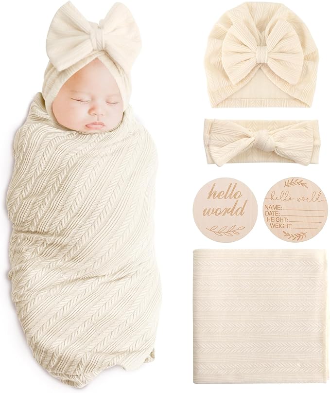 AQOKKA Newborn Receiving Blanket Wheat Ear Bow Hat Hairband Set by AQOKKA