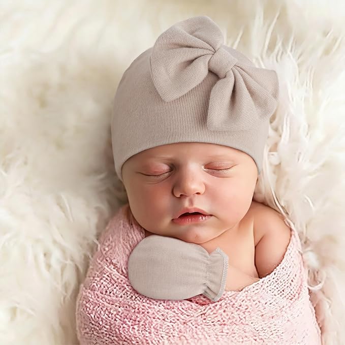 BQUBO Newborn Baby Girls Hats Mittens Set Hospital Hat Beanie Infant Bow Hats - Image 4