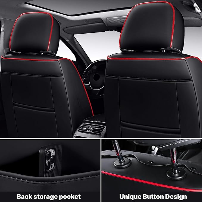 Universal Leather Auto Seat Cover - 5 Seat, Front and Rear, Black & Red