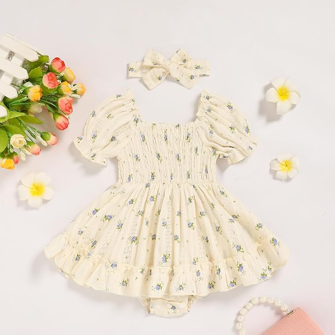 GRNSHTS Baby Girl Romper Dress, Puff Sleeve Smocked Outfit - Image 2