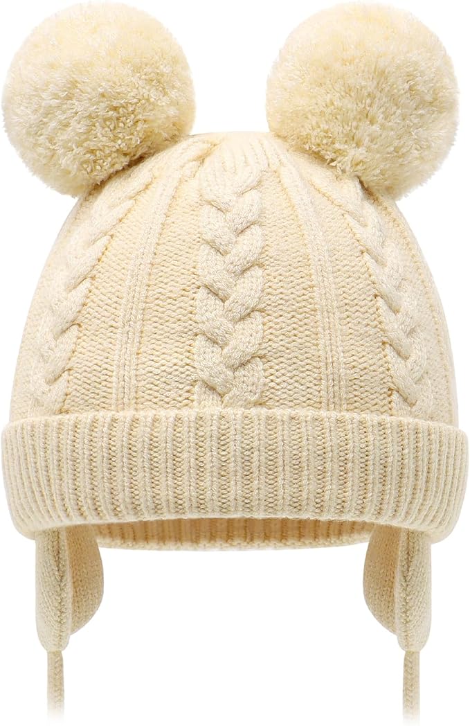 Duoyeree Toddler Winter Hat, Earflap Double Pom Pom Knit Beanie 0-36M by Duoyeree