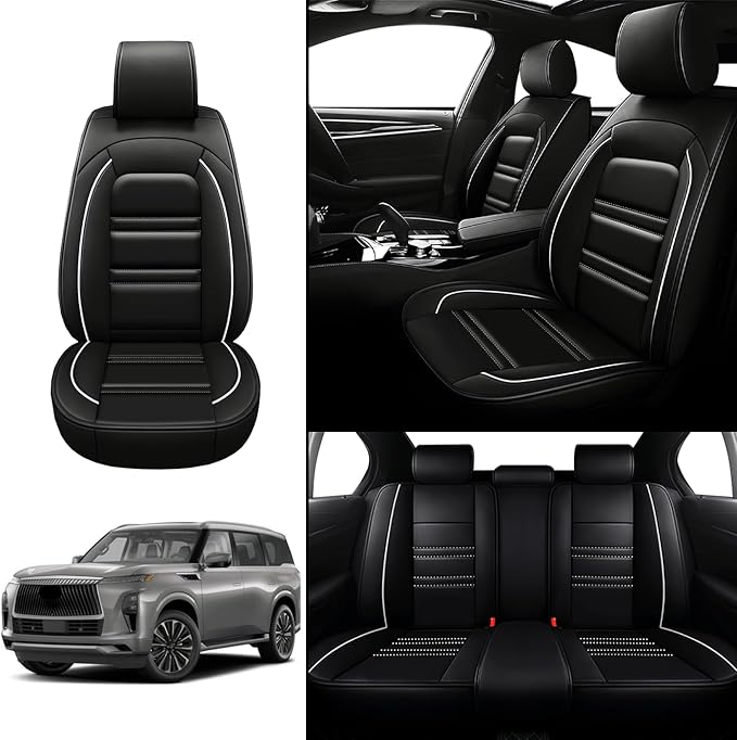 Seat Covers for Infiniti qx80 2014-2025 | 5-Seats Leather Seat Covers, Easy to Install Automotive Seat Covers Full Set (Full Set, Black&White Line)