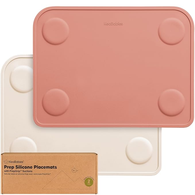 KeaBabies 2-Pack Silicone Placemats for Toddlers - 12x9 Non Slip Suction Baby Silicone Placemat for Kids Eating, Easy to Clean, Busy Travel Baby Mat for Dining Table, Food Grade/BPA-Free (Roseate)