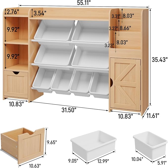 Vabches 55" Large Kids Toy Organizer with 8 Toy Storage Tubs, Storage Boxes and Storage Racks, Tiered Bookshelf and 7 Storage Cubbies, Kids Bookshelf, Playroom Storage and Storage Boxes(Oak)