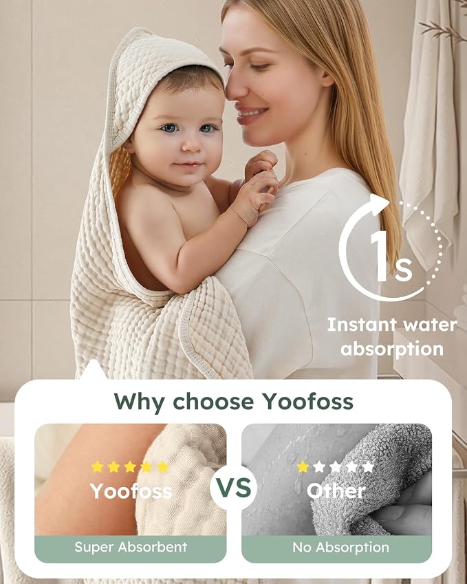 Yoofoss Hooded Baby Bath Towels 2 Pack 100% Muslin Organic Cotton - Image 3