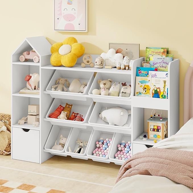 Vabches Kids Toy Organizer with 8 Removable Toy Bins, 4-Tier Toy Storage Organizers W/4 Storage Cubbies, Bookshelf 2 Toy Storage Box on Wheels for Playroom, Kids Room, Nursery Room, White