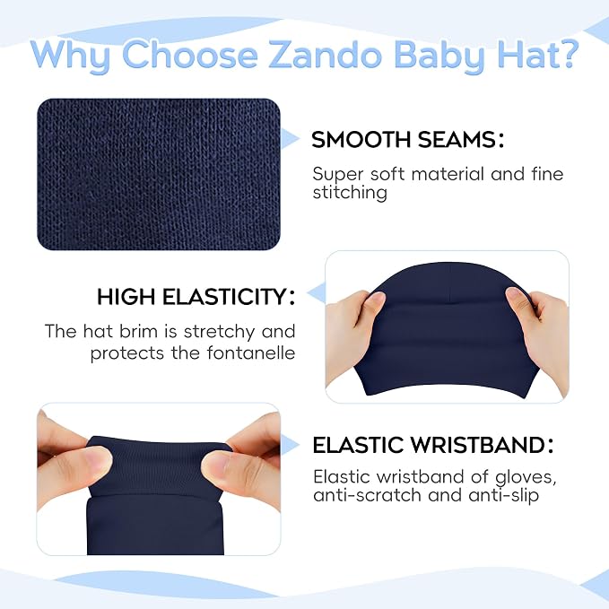 Zando Anti-Scratch Baby Hats Mittens Warm Newborn Infant Boys Girls 0-6M | - Image 3