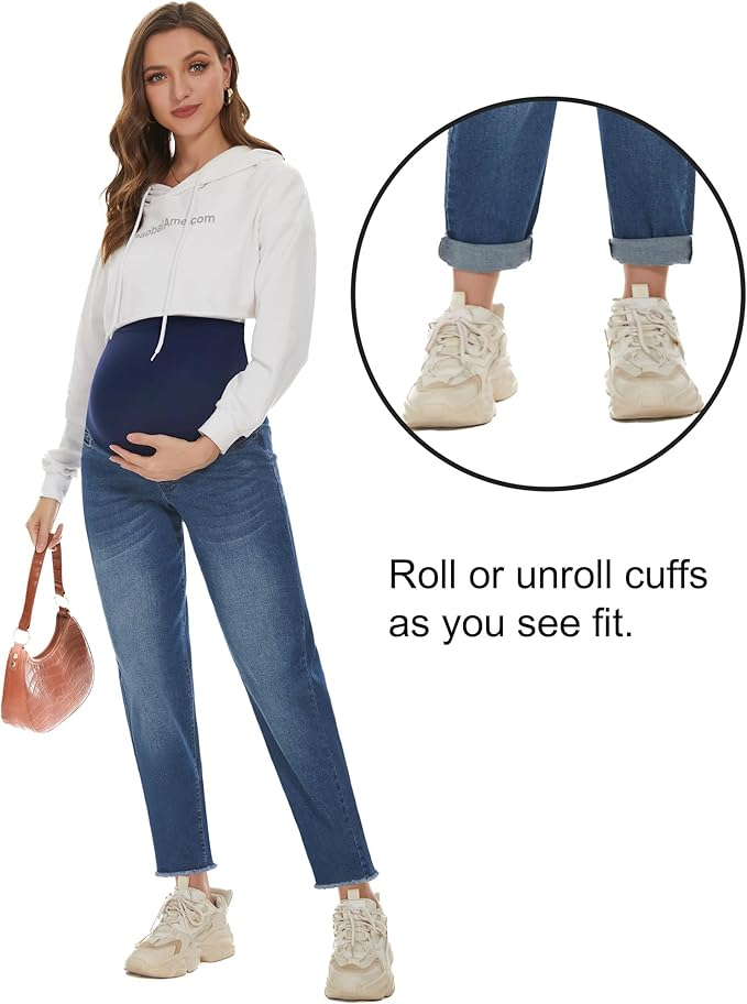 POSHGLAM Women's Maternity Jeans Over Belly Comfy Stretch 28'' Boyfriend Jeans Loose Pregnancy Pants, S-XXL