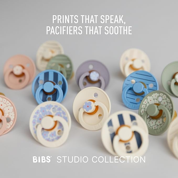 BIBS Pacifiers - Studio 2 Pack | Round Nipple Baby Pacifier | BPA Free Natural Rubber Latex Soother | Made in Denmark | Size 6+ Months | Morning Bloom Vanilla