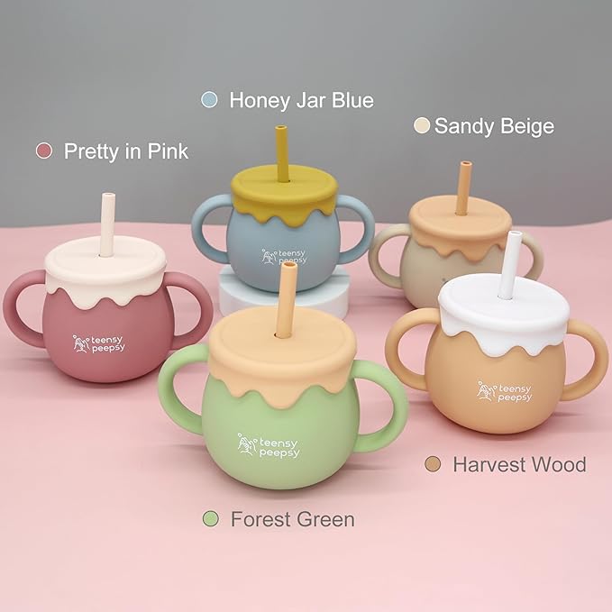 Honey Jar Pot 3-in-1 Silicone Training Cup 8.5oz, Unisex Baby Sippy Cup with Straw & Snack Lid for 6 months+ Break Resistant Open Cup for Toddler Smoothie Drinkware (Harvest Wood)