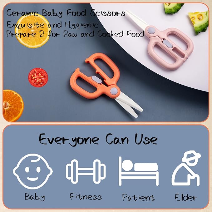 Baby Food Scissors with Travel Case, Ceramic Food Scissors Kids, Toddler Scissor with Safety Lock, Ideal for Pizza, Meats, Noodles, Vegetables, and Fruits (B)
