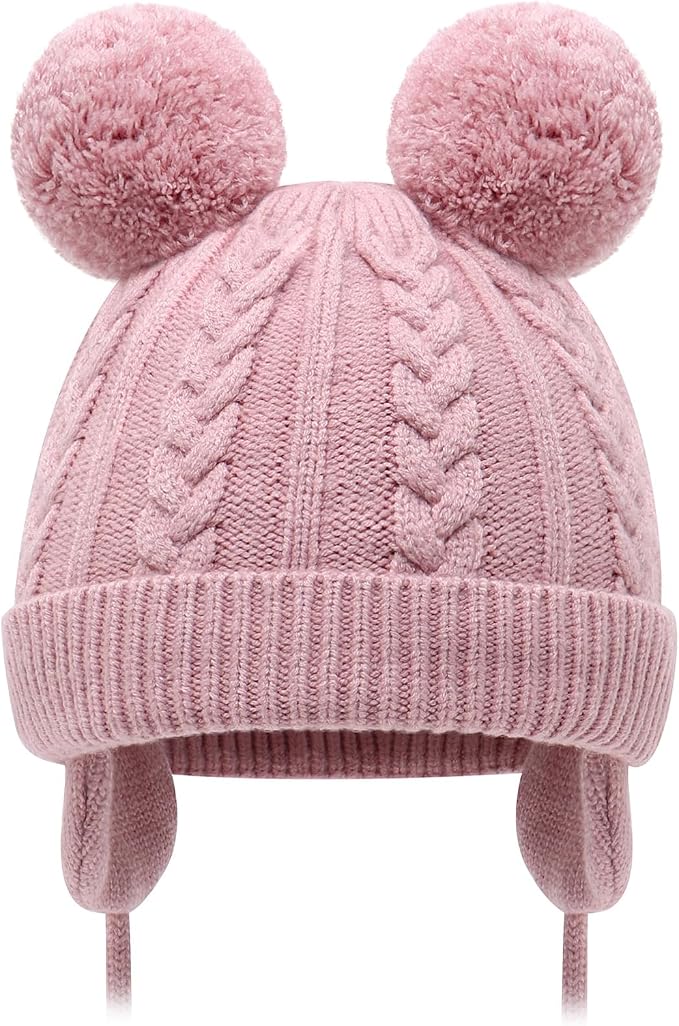 Duoyeree Toddler Winter Hat, Earflap Double Pom Pom Knit Beanie 0-36M by Duoyeree
