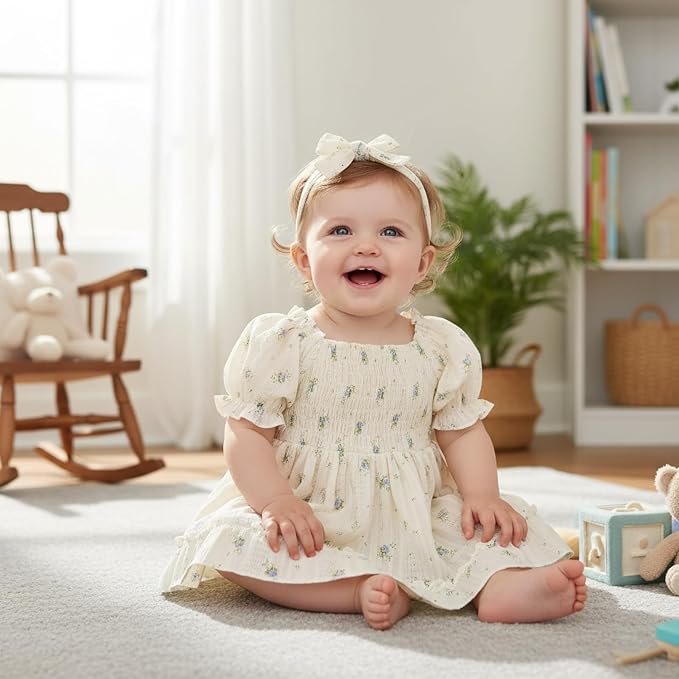 GRNSHTS Baby Girl Romper Dress, Puff Sleeve Smocked Outfit - Image 4