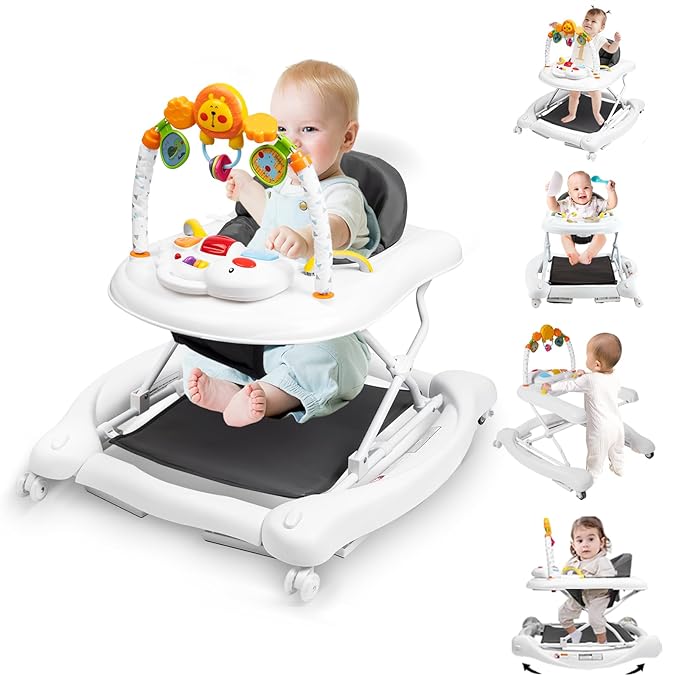 5-in-1 Baby Walker, Baby Walkers for Boys Girls 6-18 Months, Foldable Activity Walker, Toddler Infant Walker with Bouncer, Adjustable Height, Removable Footrest, Feeding Tray, Music