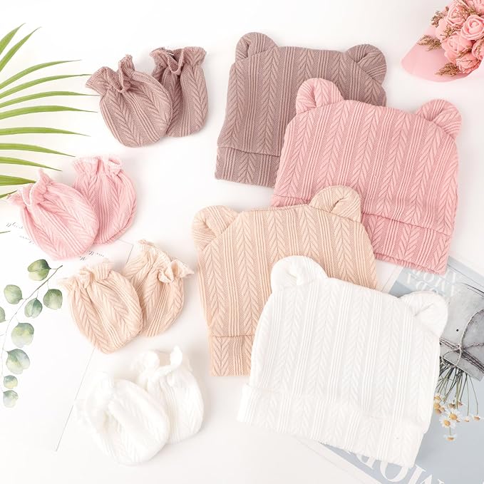 Newborn Baby Hat and Mittens Set Bear Ears Toddler Infant Beanie Caps Newborn - Image 4