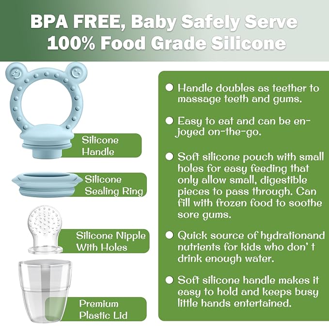 JEXFUN Silicone Baby Fruit Food Feeder Pacifier & Breastmilk Popsicle Freezer Molds for Cooling Relief, BPA Free Silicone Feeder to Safely Introduce New Foods, Double as Teething Toys, 4 Month+