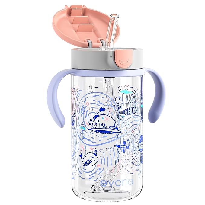 Evorie Tritan Spill Proof Toddler Straw Sippy Cup, 10 oz for Baby and Toddlers 1-3 Years Old, No Spill Straw Water Bottle with Removable Handles, Ideal for School, BPA-Free, Under the Sea