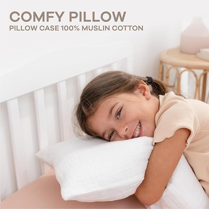 Comfy Cubs Toddler Pillow with Muslin Pillowcase, 13 x 18 in - Travel and Sleep Support for Kids - Lightweight, Breathable Microfiber Fill - Soft and Cozy Small Pillow for Toddlers - White