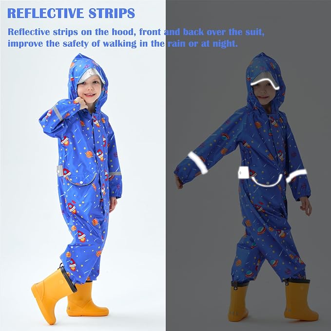 Fewlby Kids Toddler Rain Suit for Boys Girls One Piece Hoodie Zipper Cartoon - Image 4