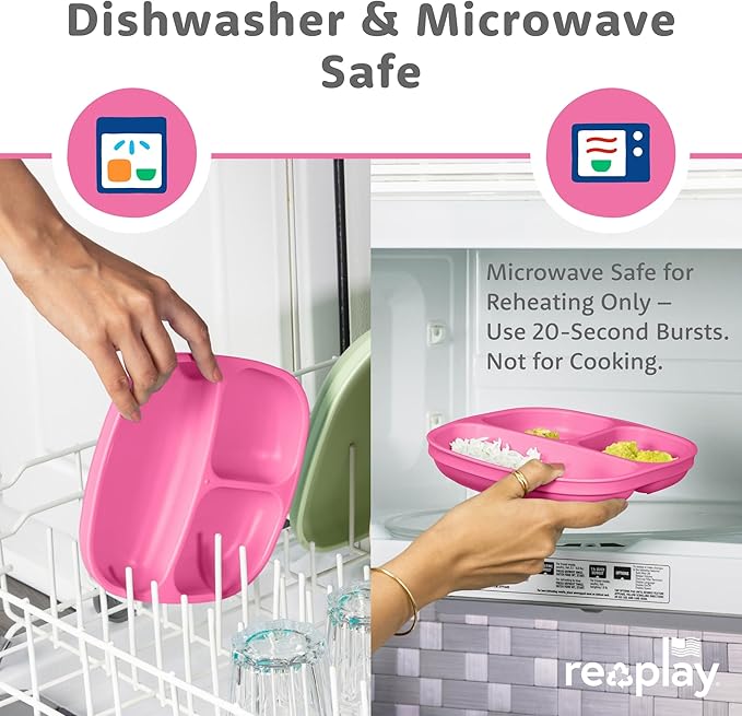 Re-Play Toddler Plates with Dividers - Deep-Walled 3 Compartments Divided Plates for Kids - Dishwasher & Microwave Safe - Made in USA - Set of 3-7.37" x 7.37" x 1.25" - Butterfly