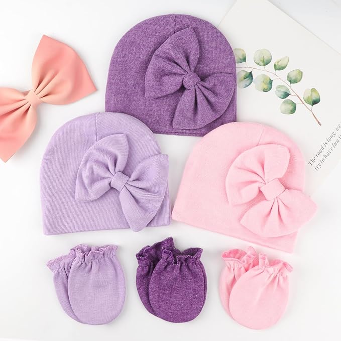 BQUBO Newborn Girls Hats Baby Hat and Mittens Set Infant Caps Bow Hospital - Image 7