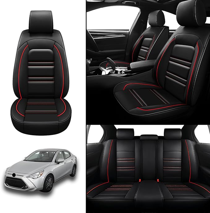 Seat Covers for Toyota Yaris 2007-2020 | 5-Seats Leather Seat Covers, Easy to Install Automotive Seat Covers Full Set (Full Set, Black&Red Line)