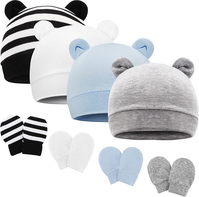 Newborn Baby Hat and Mittens Set Bear Ears Toddler Infant Beanie Caps Newborn by AQOKKA
