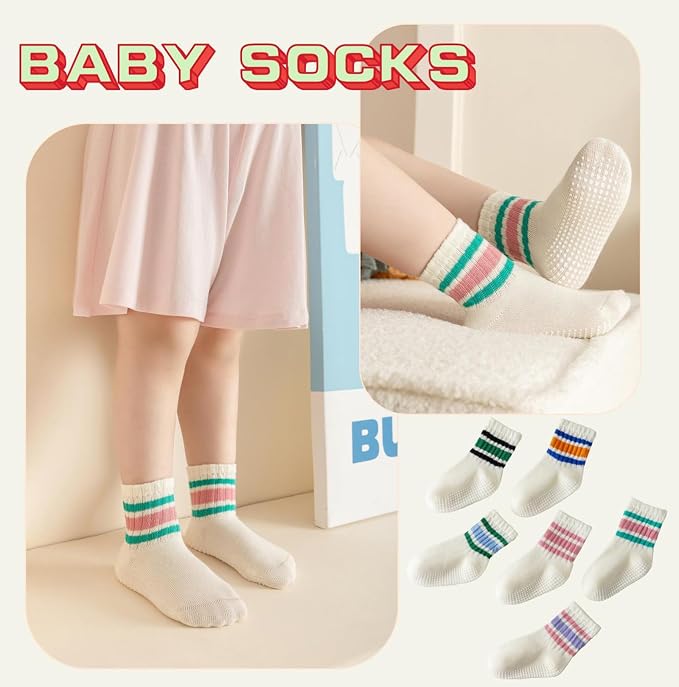 Toddler Grip Socks with Non-Slip Unisex Baby Stripe Crew Cotton Socks | Retro - Image 3