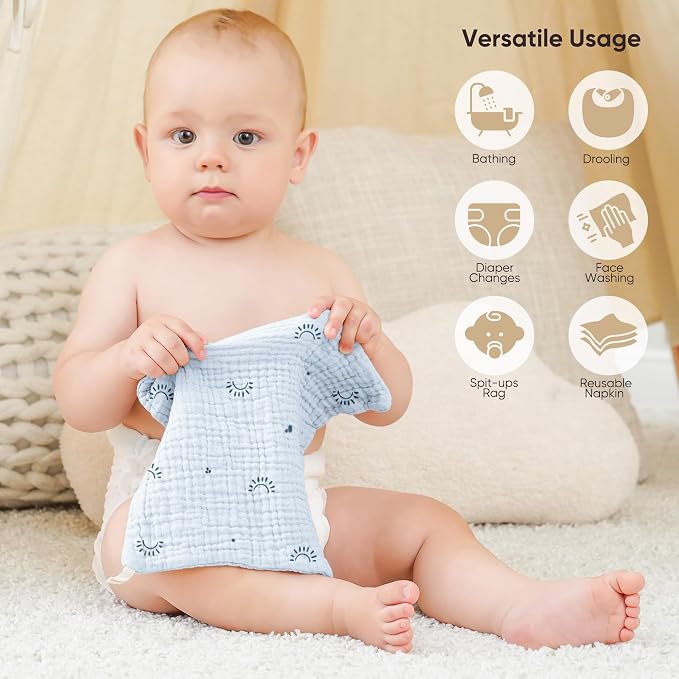 Bearmoss 12 Pack Baby Muslin Washcloths, 100% Cotton 10"x10" Face Towels - Image 4