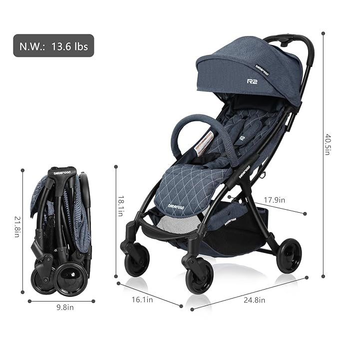 Beberoad Love R2 Small Travel Stroller - Foldable, Lightweight, Baby Stroller for Airplane - Infant to Toddler - Adjustable Backrest, Cup Holder, Waterproof Canopy, Denim Blue