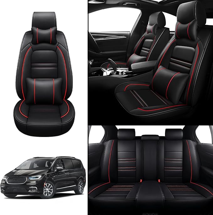 Car Seat Covers for Chrysler Car Pacifica 2004-2025 | 5-Seats Seat Covers, Waterproof Seat Protectors, Automotive Seat Covers (Full Set with Pillow,Black&Red Line)