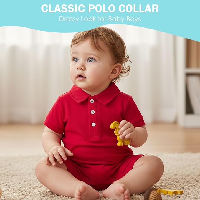 DEFAHN Baby Boy Polo Romper Short Sleeve Collared One-Piece Outfit 0-24M - Image 5