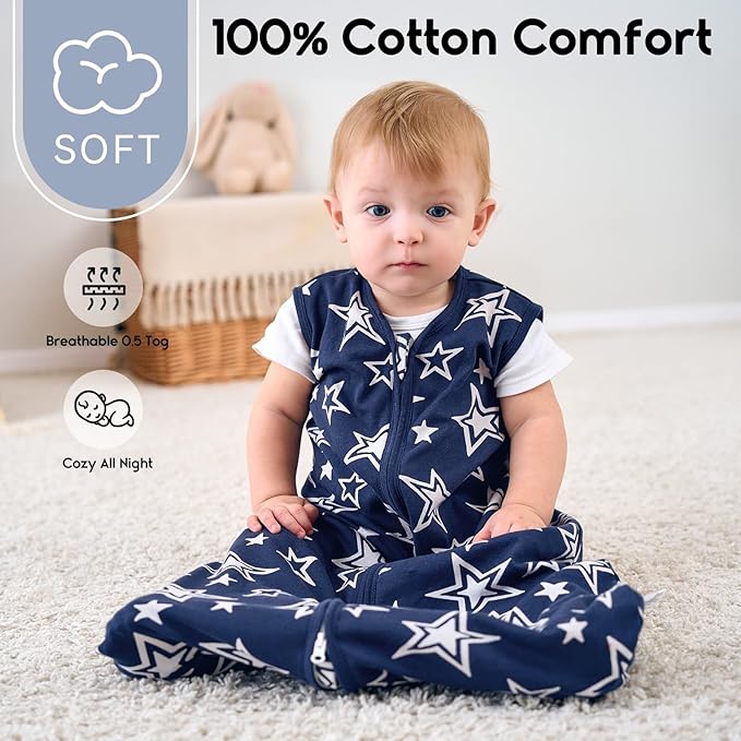 Yoofoss Baby Sleep Sack 12-18 Months 0.5 Tog Wearable Blanket for Baby, 3 Pack 100% Organic Cotton Infant Toddler Sleeping Sack 2-Way Zipper Lightweight Sleep Sack
