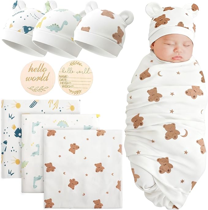 DRESHOW BQUBO Cotton Baby Swaddle Hat Set Newborn Infant Receiving Blankets by DRESHOW