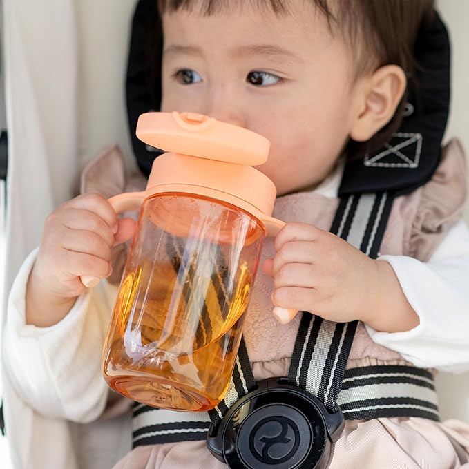 Richell On-the-Go Sippy Cup with Silicone Straw and Removable Handles, 10 oz, Easy Grip for Infant-Toddlers Peach